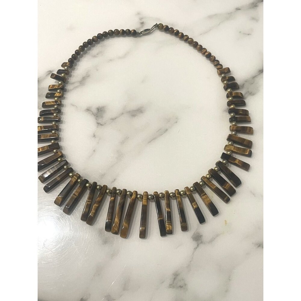 Mid century art deco Beads and sticks Tiger eye and 10k gold modernist necklace